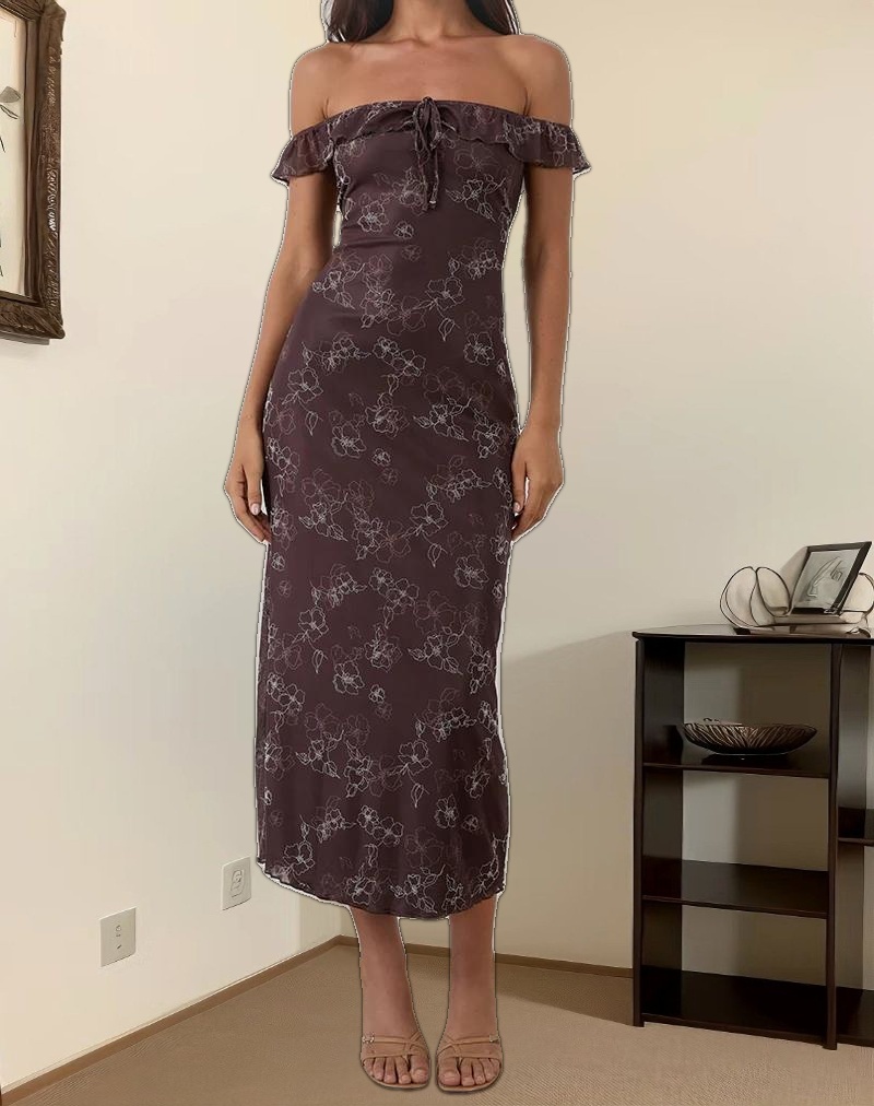 Catrin Midi Dress in Doodle Flower Flock Brown