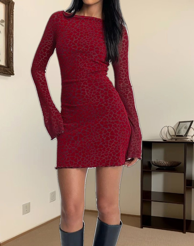 Sevila Long Sleeve Mini Dress in Heart Flock Maroon
