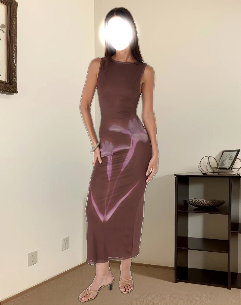 Fayola Maxi Dress in Blurred Floral Print Brown