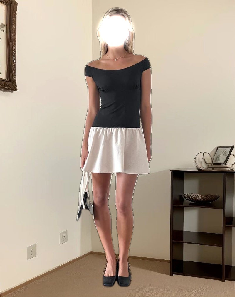 Yael Mini Dress in Lycra Linen Black and Ecru