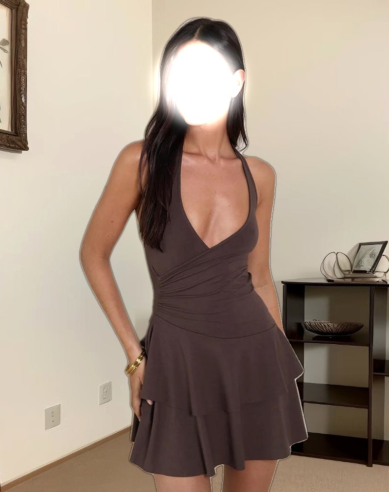 Semary Halterneck Wrap Mini Dress in Bitter Chocolate