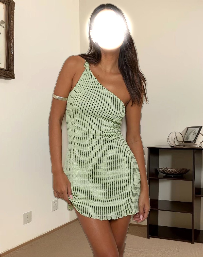 Idarius One Shoulder Mini Dress in Stripe Textured Mesh Mint