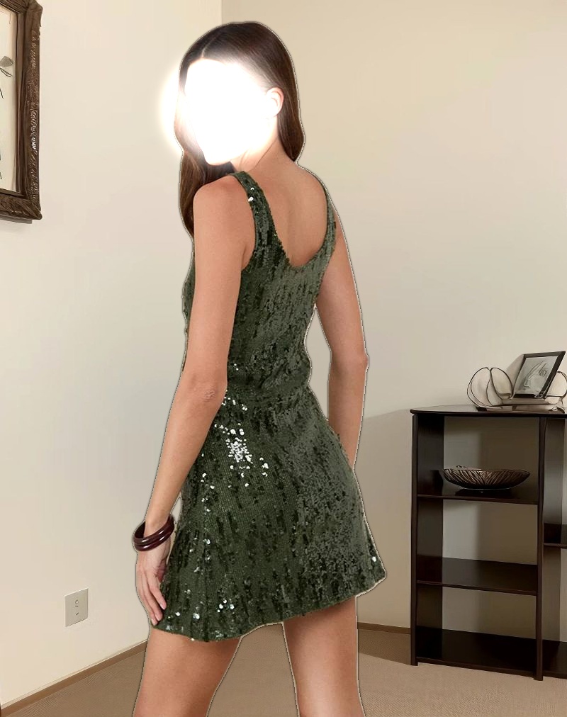 Lalaurie Scoop Neck Mini Dress in Mixed Drape Sequin Khaki