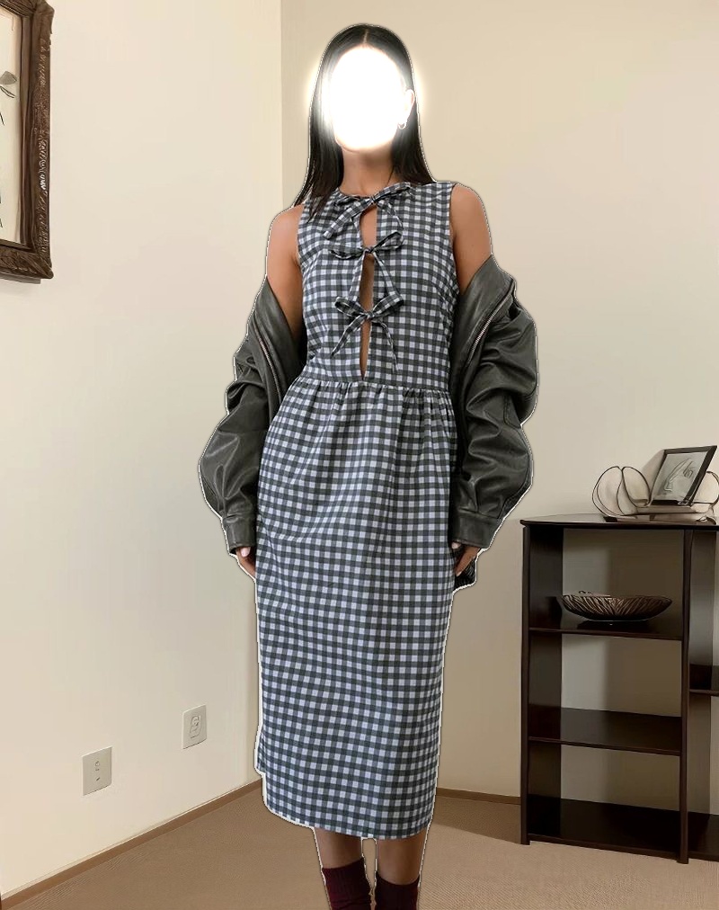 Prelith Midi Dress in Black Grey Tonal Gingham