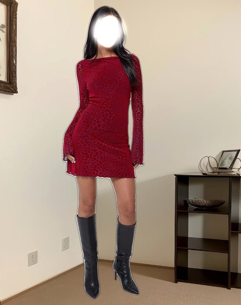 Sevila Long Sleeve Mini Dress in Heart Flock Maroon