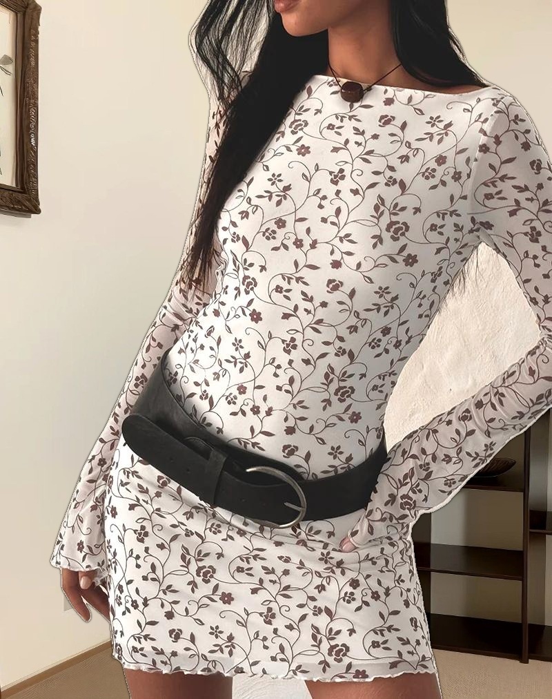 Sevila Long Sleeve Mini Dress in Stem Flower Flock Brown