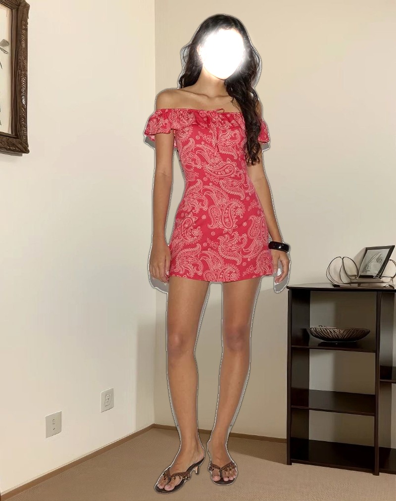 Kenja Bardot Mini Dress in Retro Paisley Pink