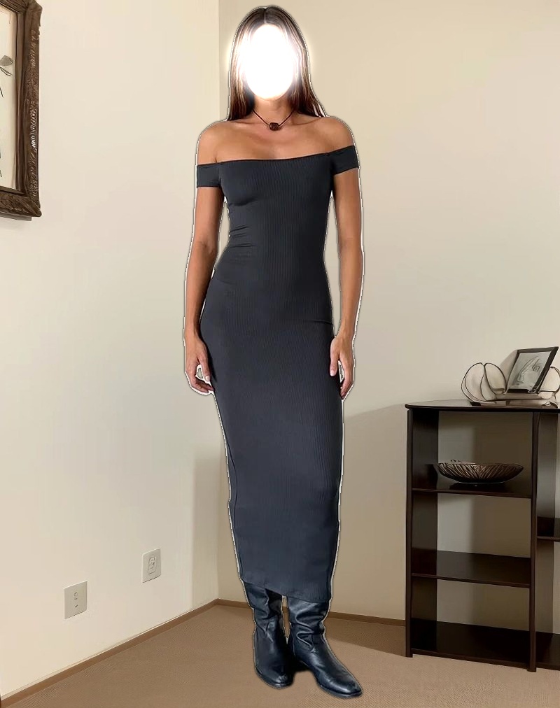 Racha Thick Rib Bardot Maxi Dress in Black Forest