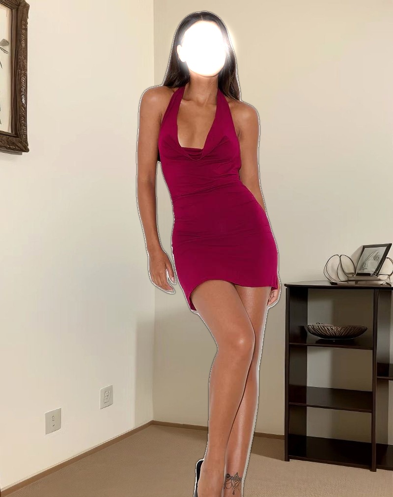 Pramita Plunge Mini Dress in Jersey Burgundy