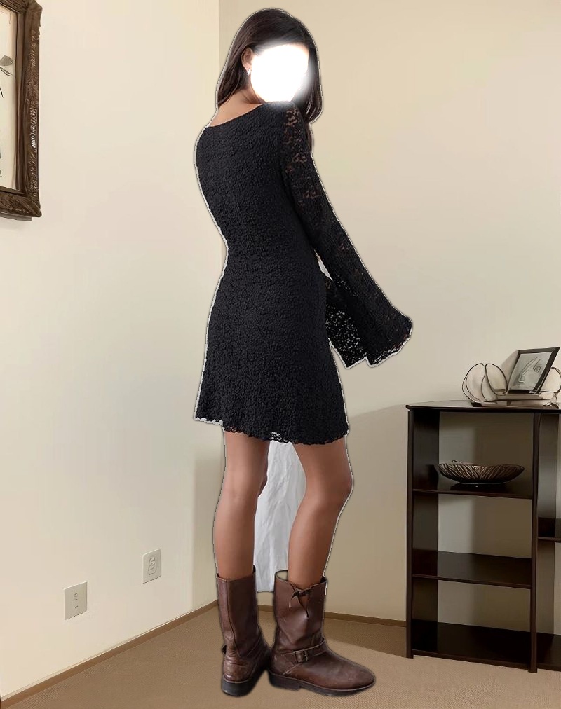 Sevila Long Sleeve Mini Dress in Bubble Black Lace