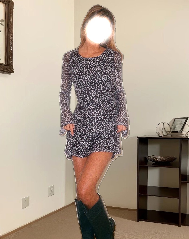 Sartika A Line Mini Dress in Giraffe Black and Cream