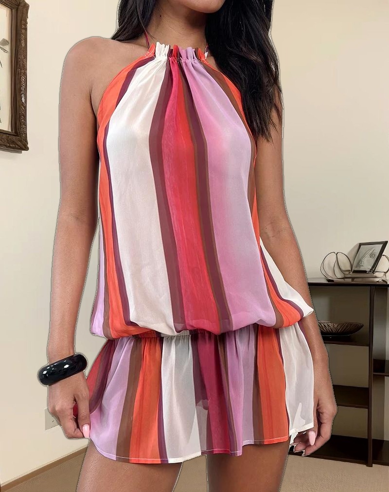 Veloria Halterneck Mini Dress in Pink Sheer Chiffon Painted Stripe