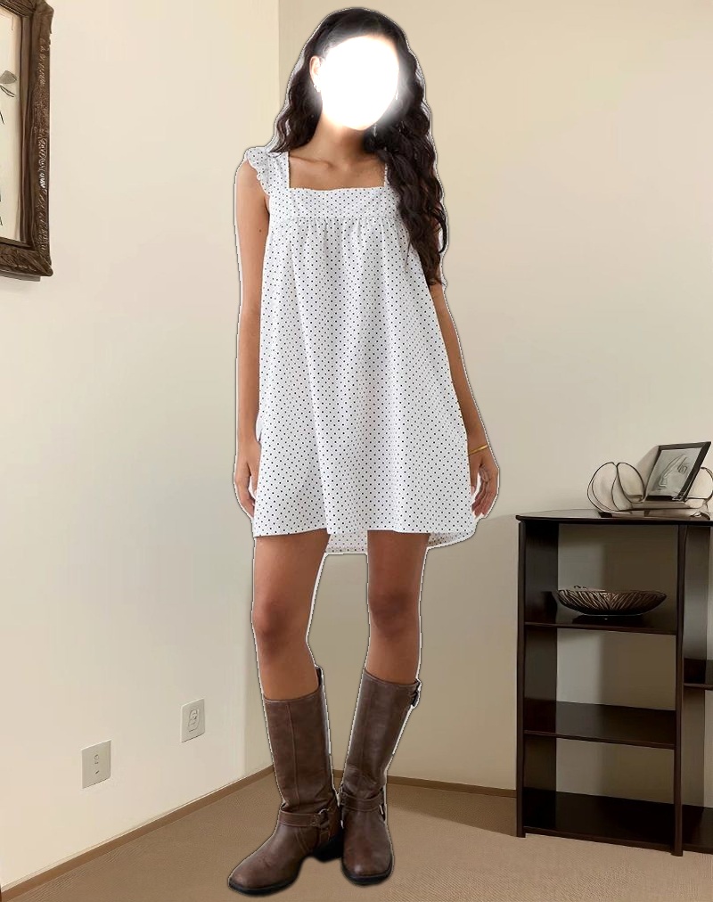 Sanaly Mini Dress in White with Black Micro Polka