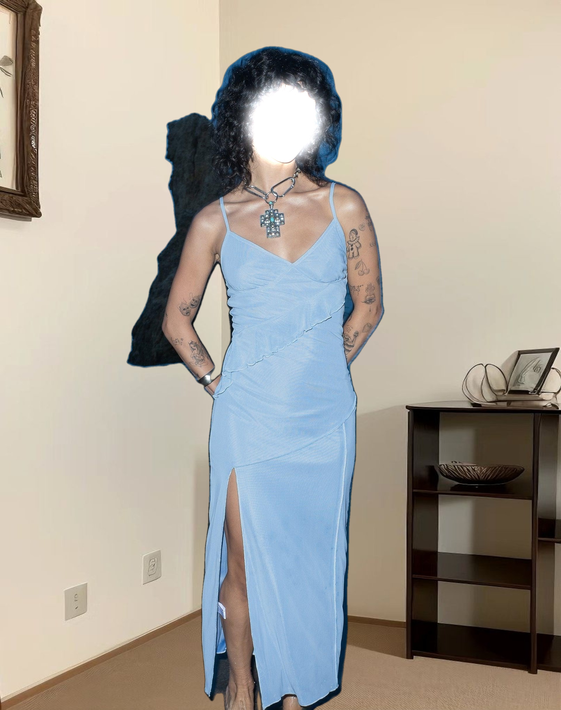 Jacy Ruffle Midi Dress in Mesh Blue