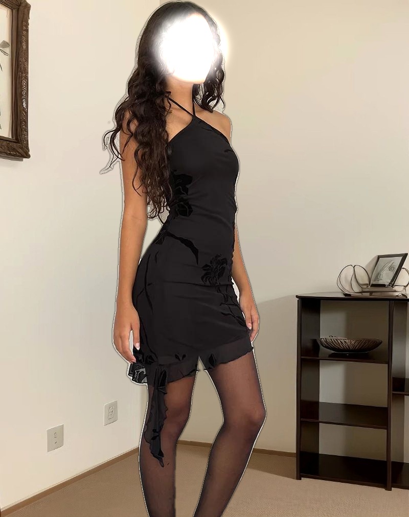 Redi Mini Halterneck Dress in Orchids Flock Black