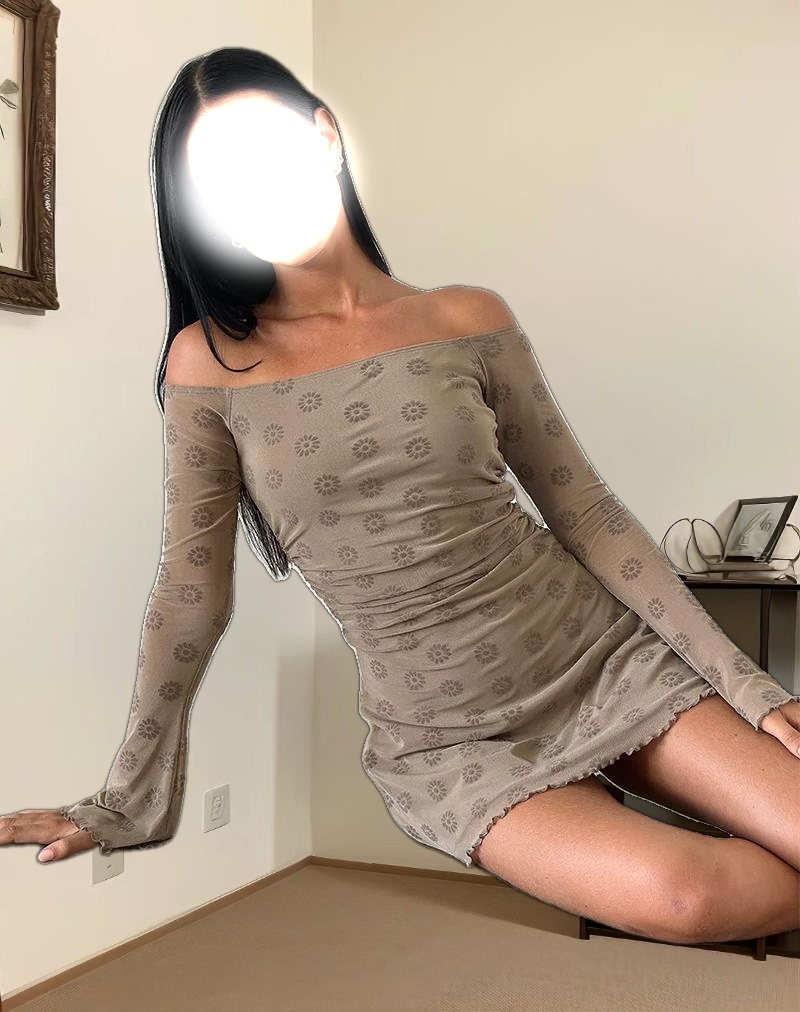 Kausar Off Shoulder Mini Dress in Daisy Flock Light Brown