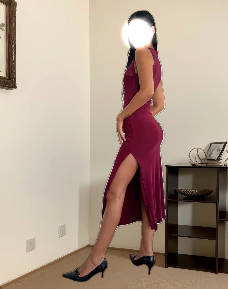 Marlo Asymmetric Midi Dress in Burgundy