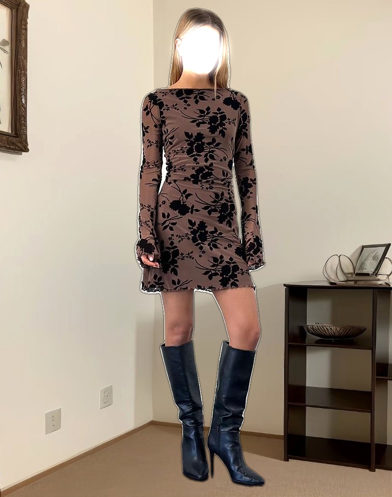 Sevila Long Sleeve Mini Dress in Flock Brown