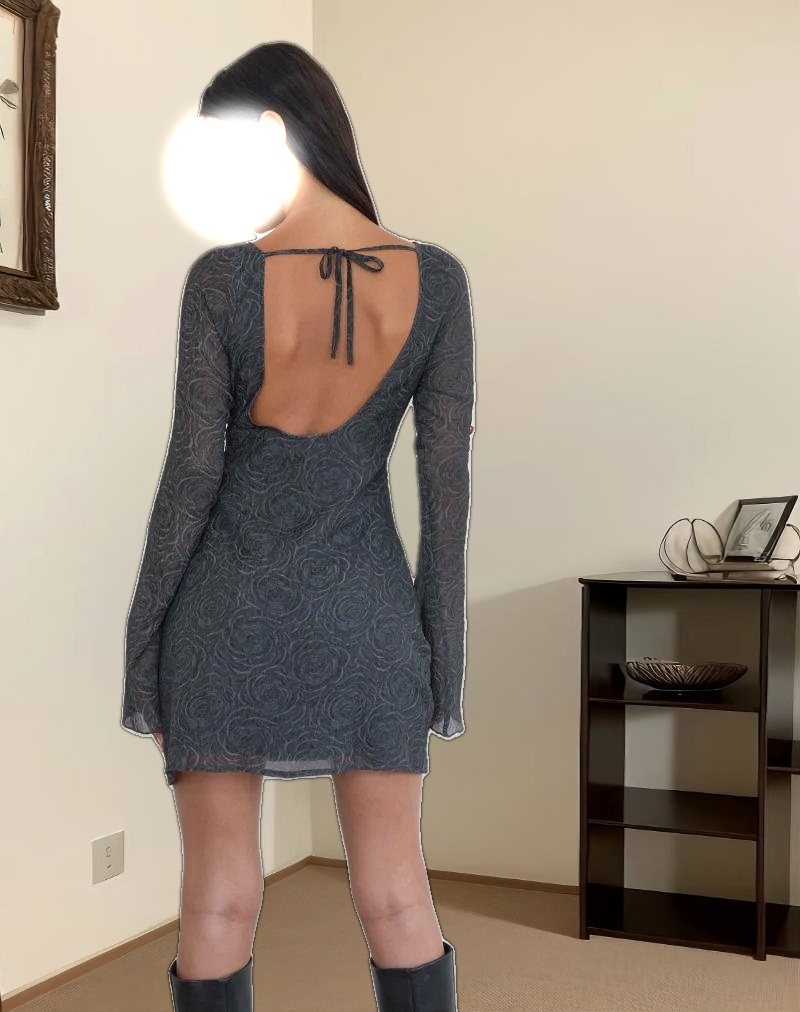 Sava Open Back Long Sleeve Mini Dress in Black Floral Chiffon