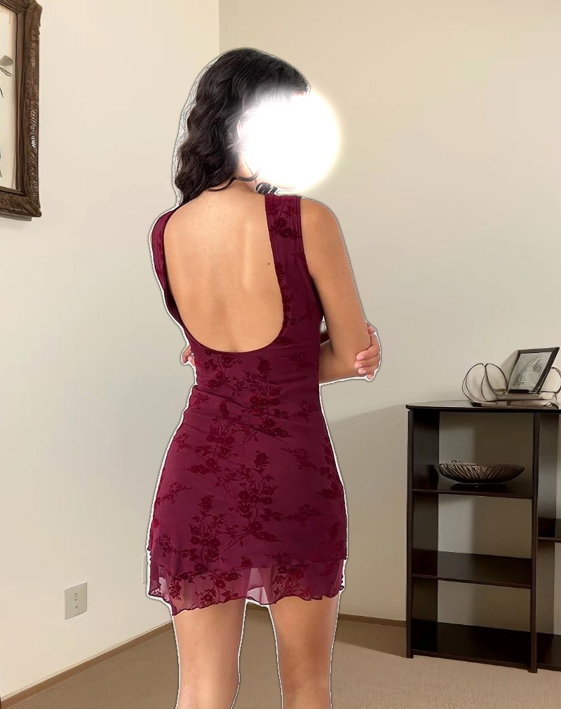 Renata Mini Dress in Flocked Botanical Flower Maroon