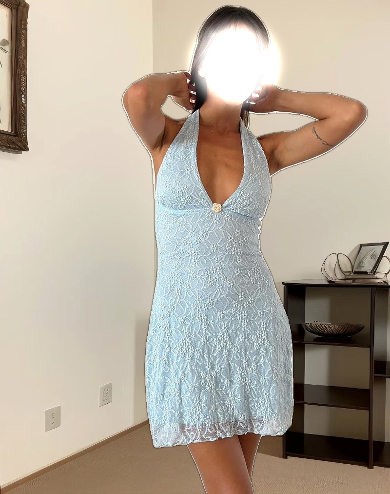 Codami Halterneck Mini Dress in Ice Blue Lace