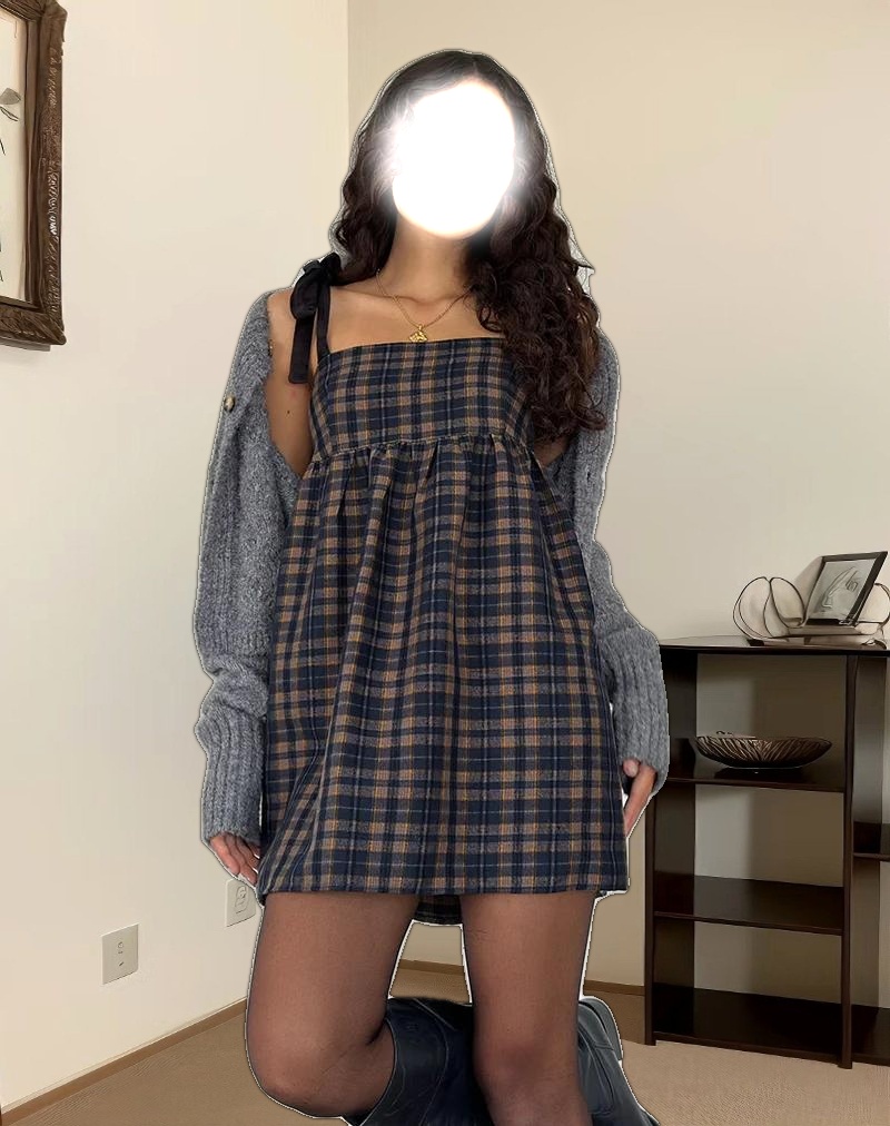 Mikayla Square Neck Mini Dress in Navy and Mustard Check