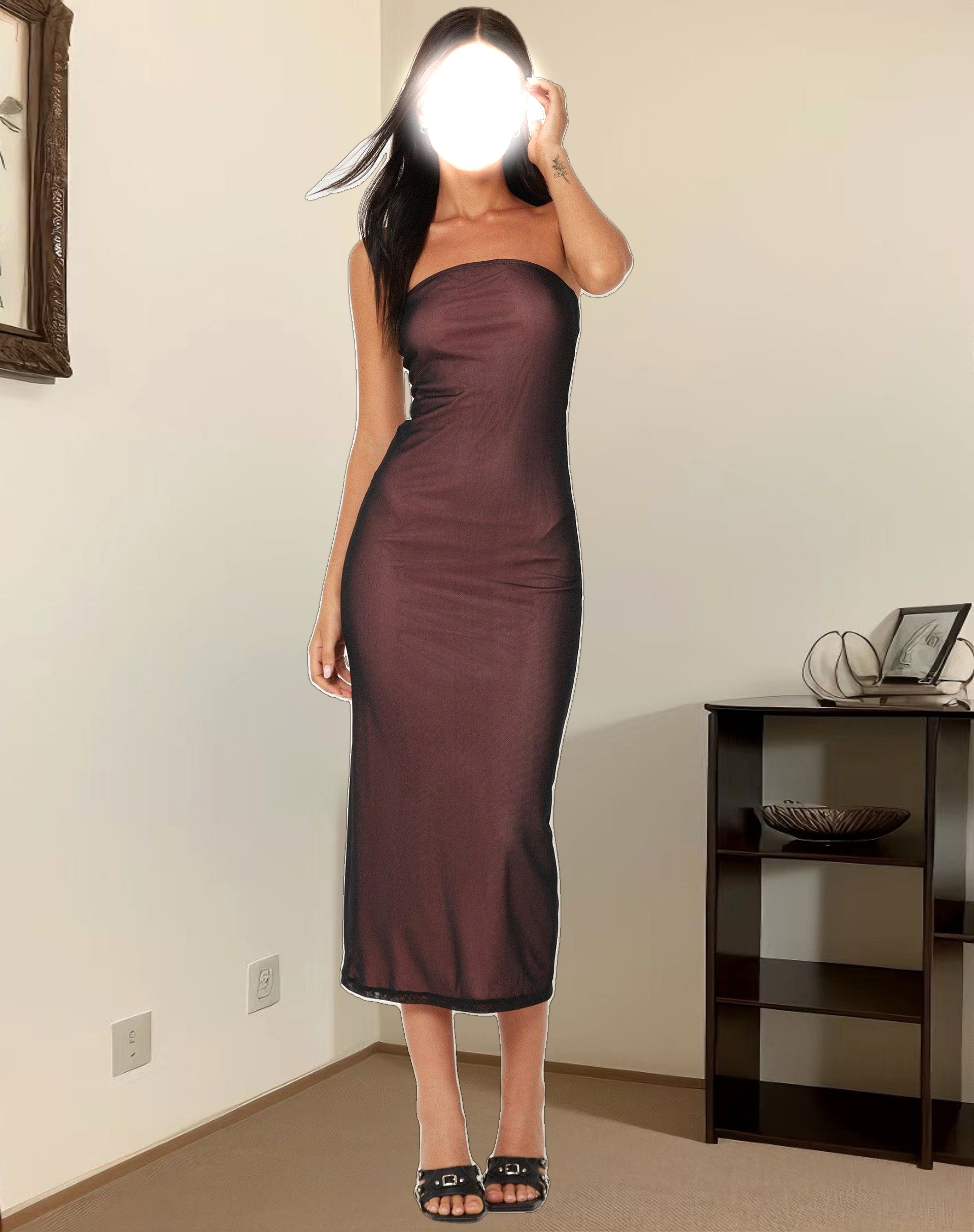 Rosbandi Bandeau Midi Dress in Black Pink Lining