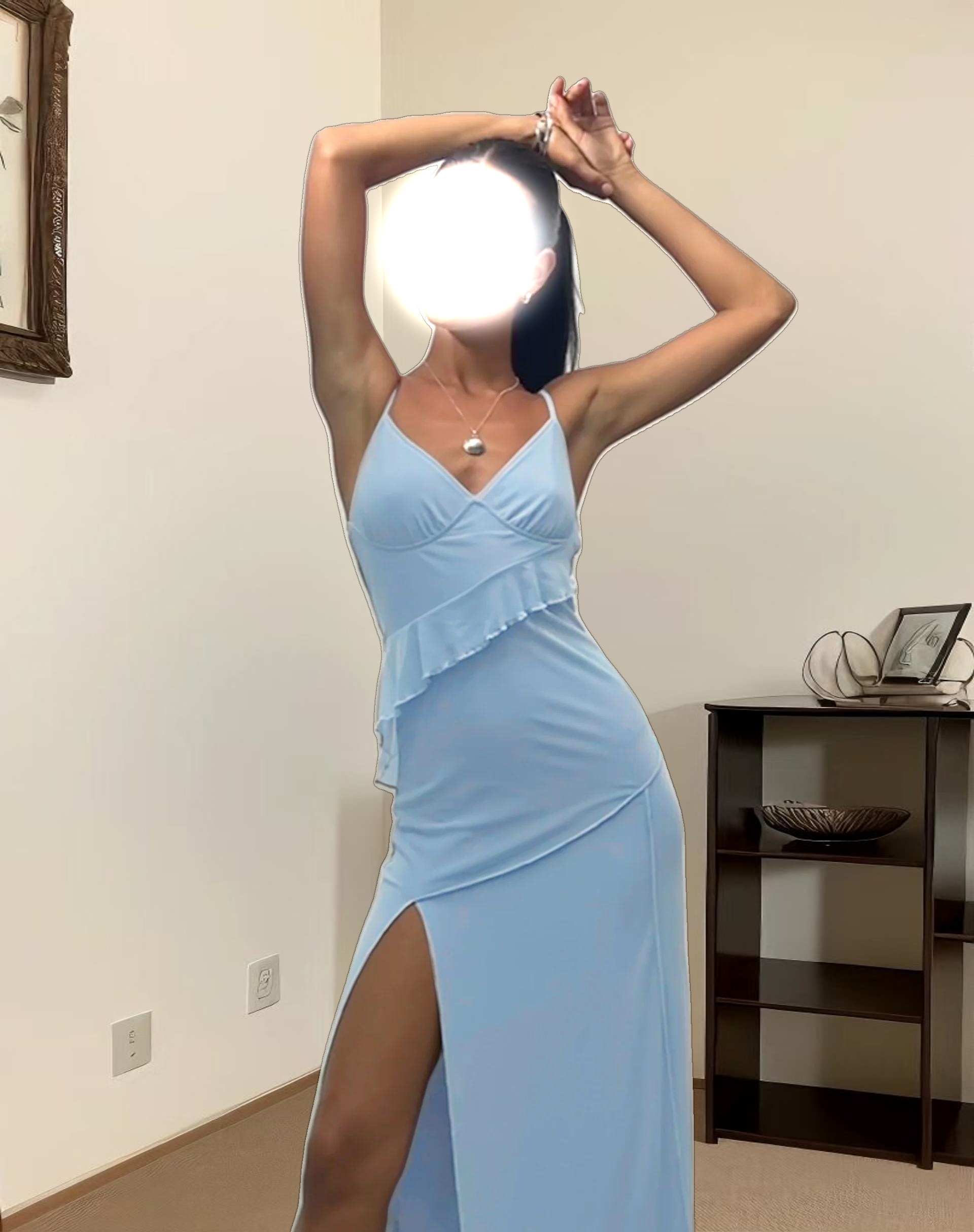 Jacy Ruffle Midi Dress in Mesh Blue