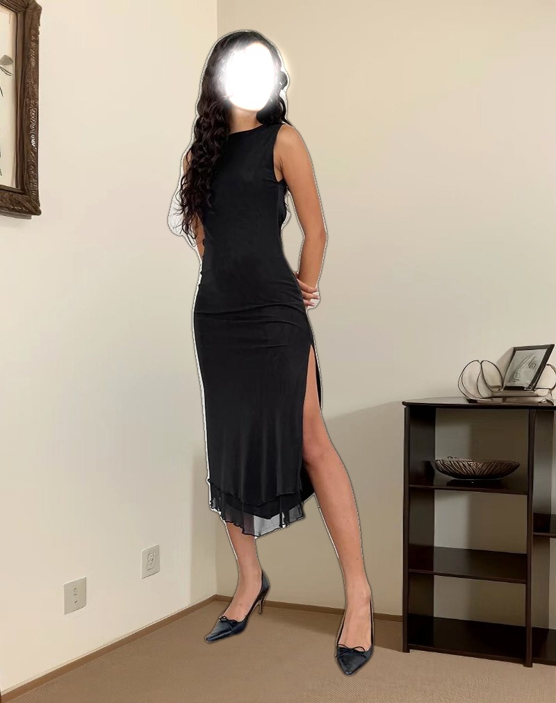 Lyra Backless Midi Dress in Mesh Black