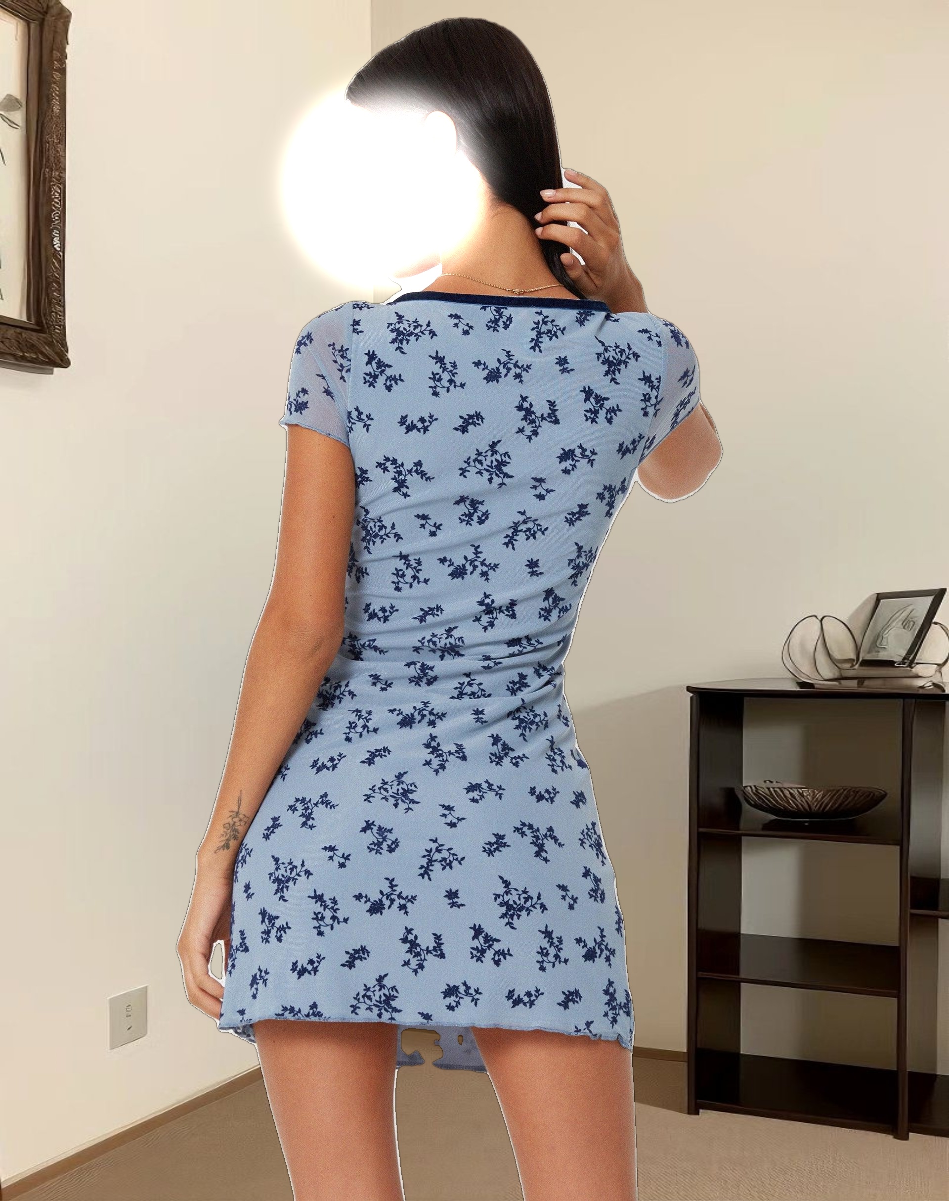 Evilia Mini Dress in Light Blue Black Botanist Flocking