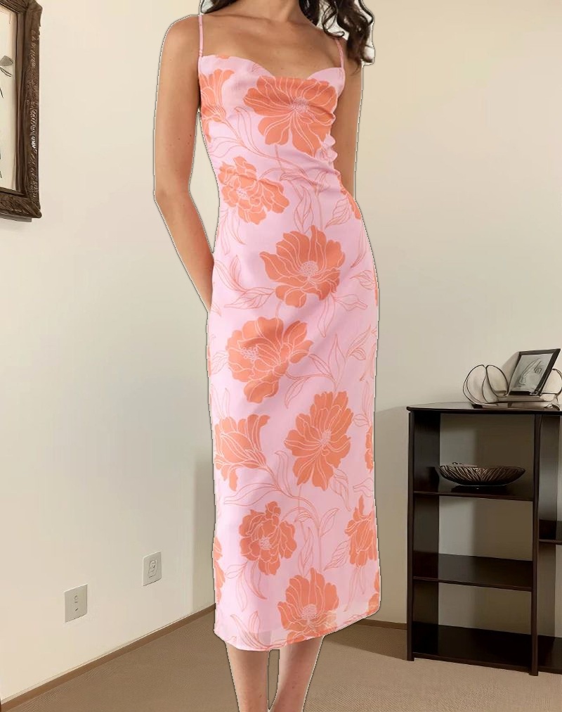 Rujira Cowl Midi Dress in Floral Pink Orange