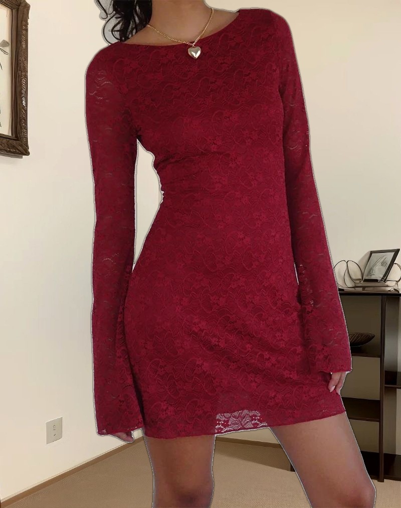 Sevila Long Sleeve Mini Dress in Deep Red Lace