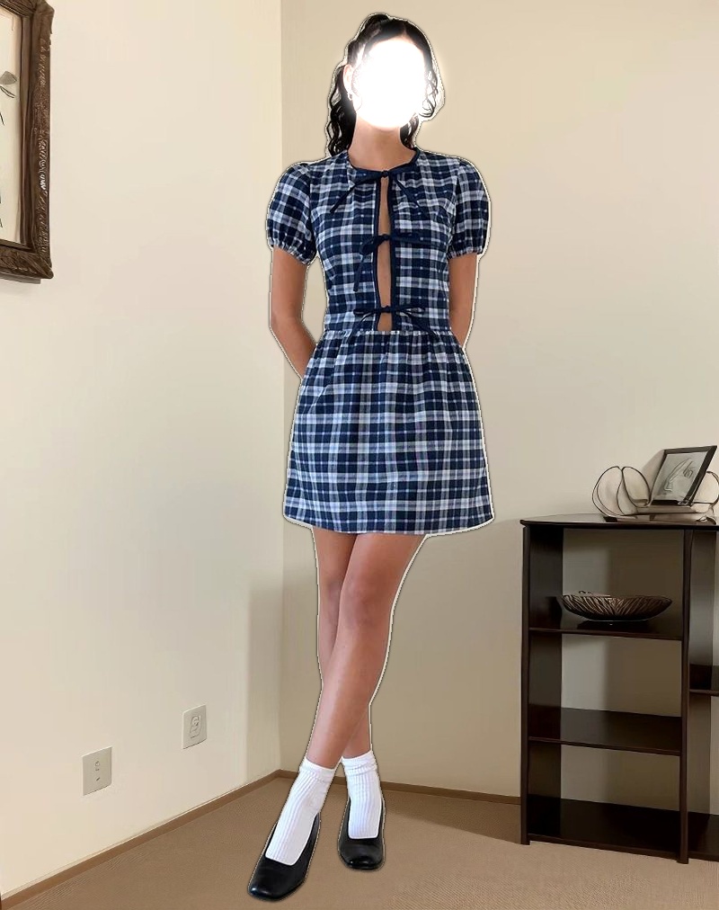 Byan Tie Front Dress in Tartan Dark Blue