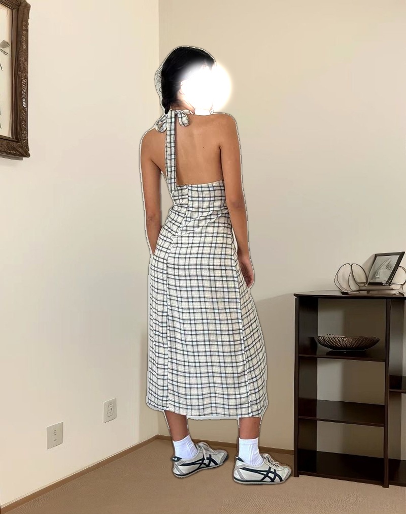 Lenata Halterneck Midi Dress in Pastel Blue Tartan