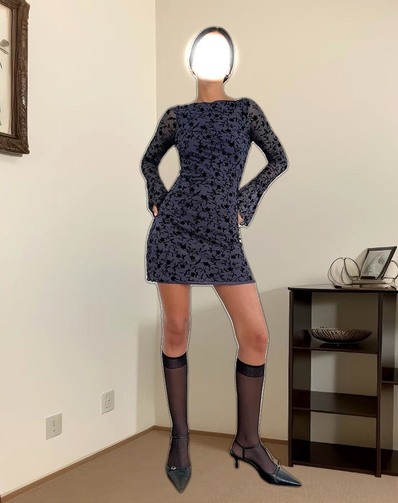 Sevila Long Sleeve Mini Dress in Flocked Petal Navy