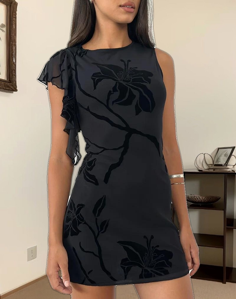 Salya Mini Dress in Orchids Flock Black