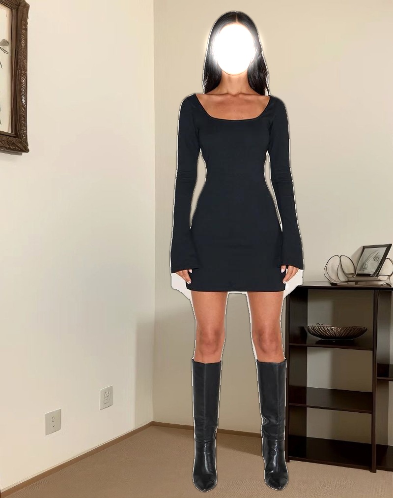 Lulusia Scoop Neck Long Sleeve Mini Dress in Black
