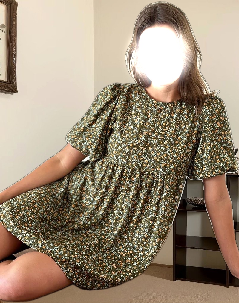 Marate Puff Sleeve Mini Dress in Grunge Floral Khaki