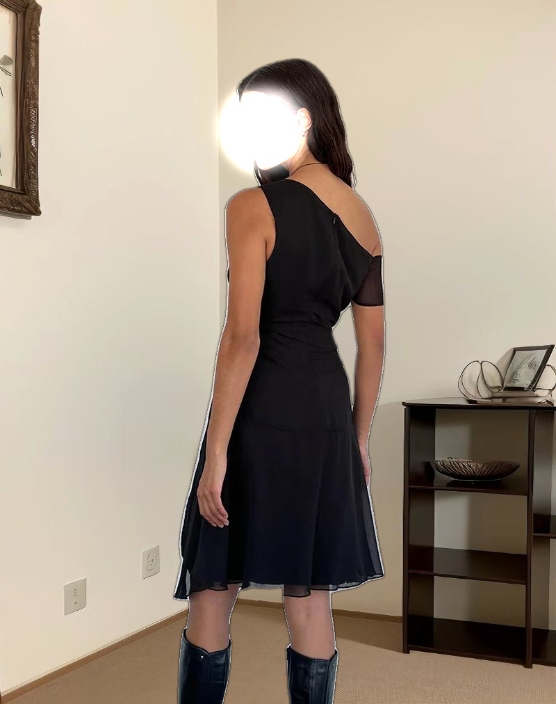 Carissa One Shoulder Chiffon Midi Dress in Black