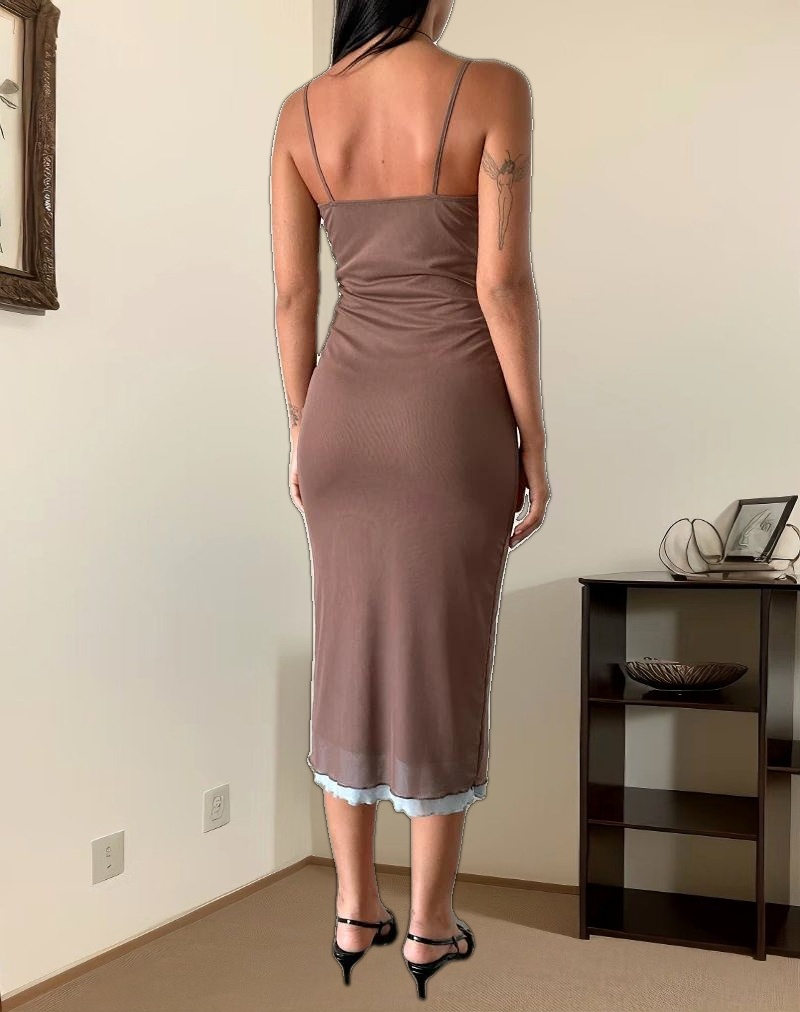 Bisilk Midi Dress in Mesh Brown with Light Blue