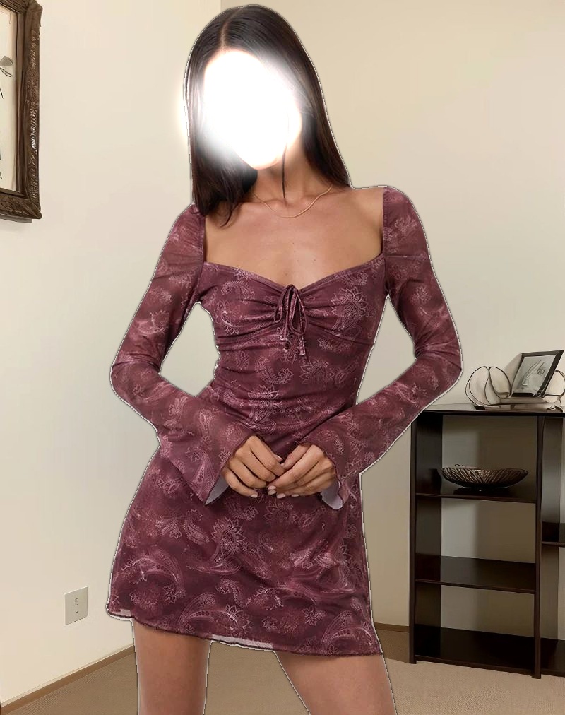 Modena Long Sleeve Mini Dress in Tonal Paisley Plum