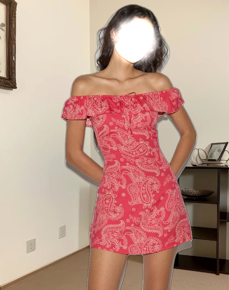 Kenja Bardot Mini Dress in Retro Paisley Pink