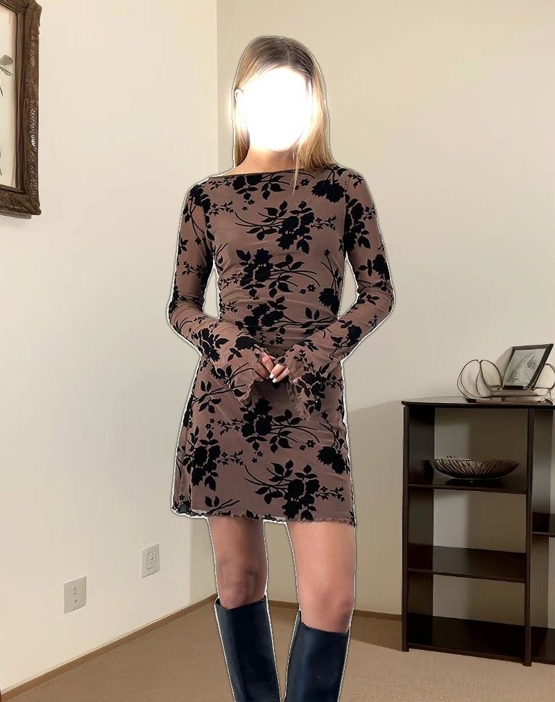 Sevila Long Sleeve Mini Dress in Flock Brown