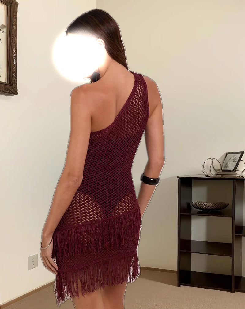 Meloka Asymmetric Fringe Mini Dress in Berry