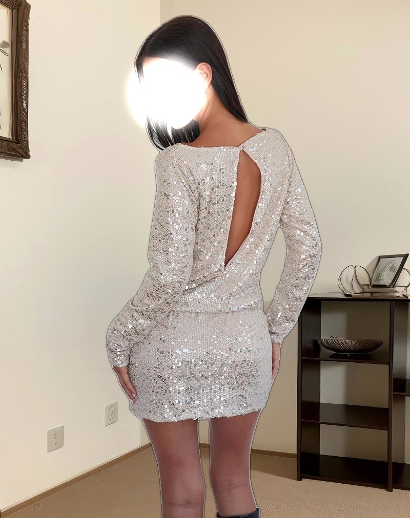 Jasilia Long Sleeve Mini Dress in Neutral Sequin