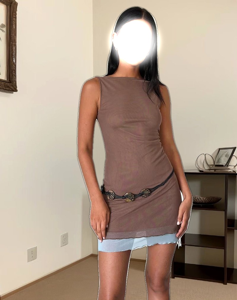 Ren Mini Dress in Mesh Brown with Light Blue