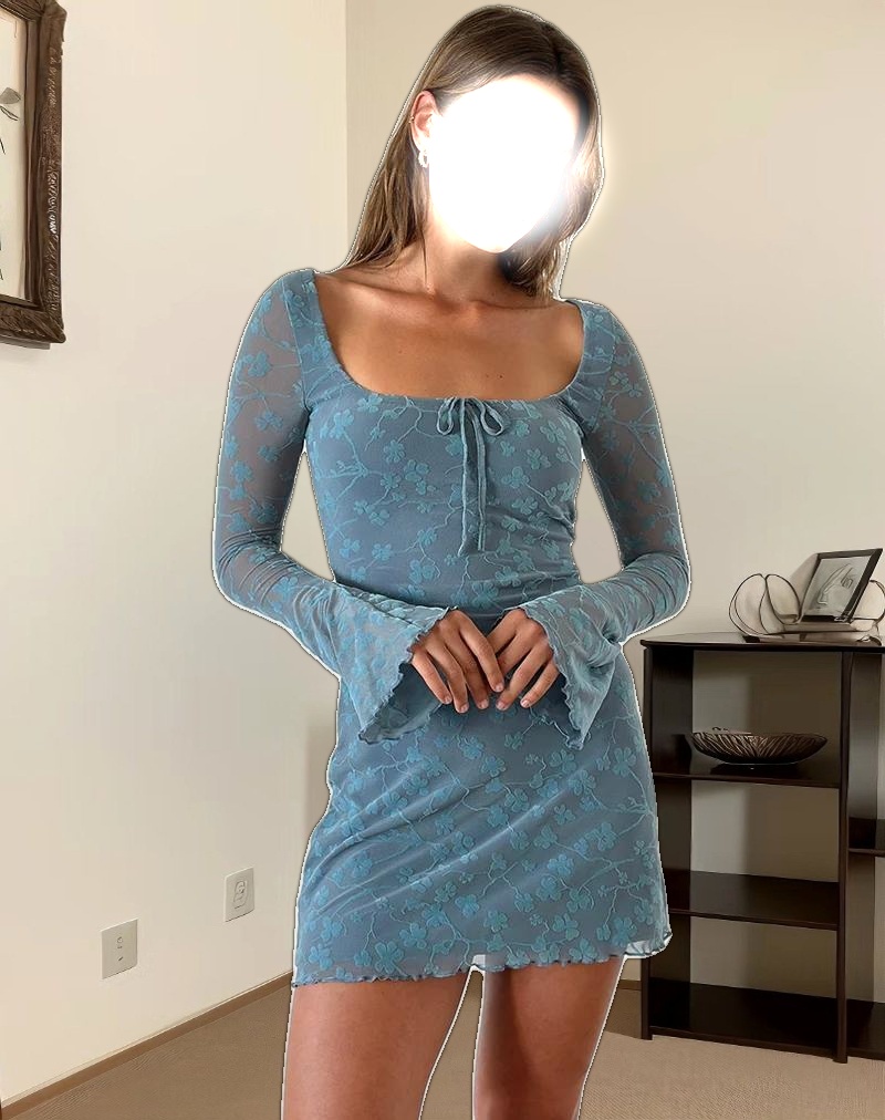 Tatyana Mini Dress in Grunge Floral Blue Grey