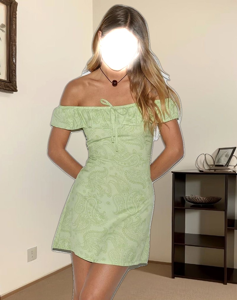 Kenja Bardot Mini Dress in Retro Paisley Lime