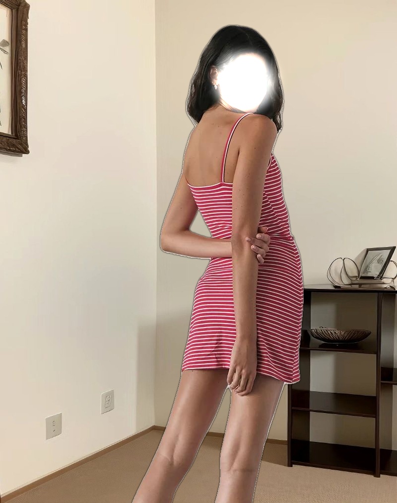 Anzhelina Strappy Mini Dress in Red and White Stripe with Strawberry Emb