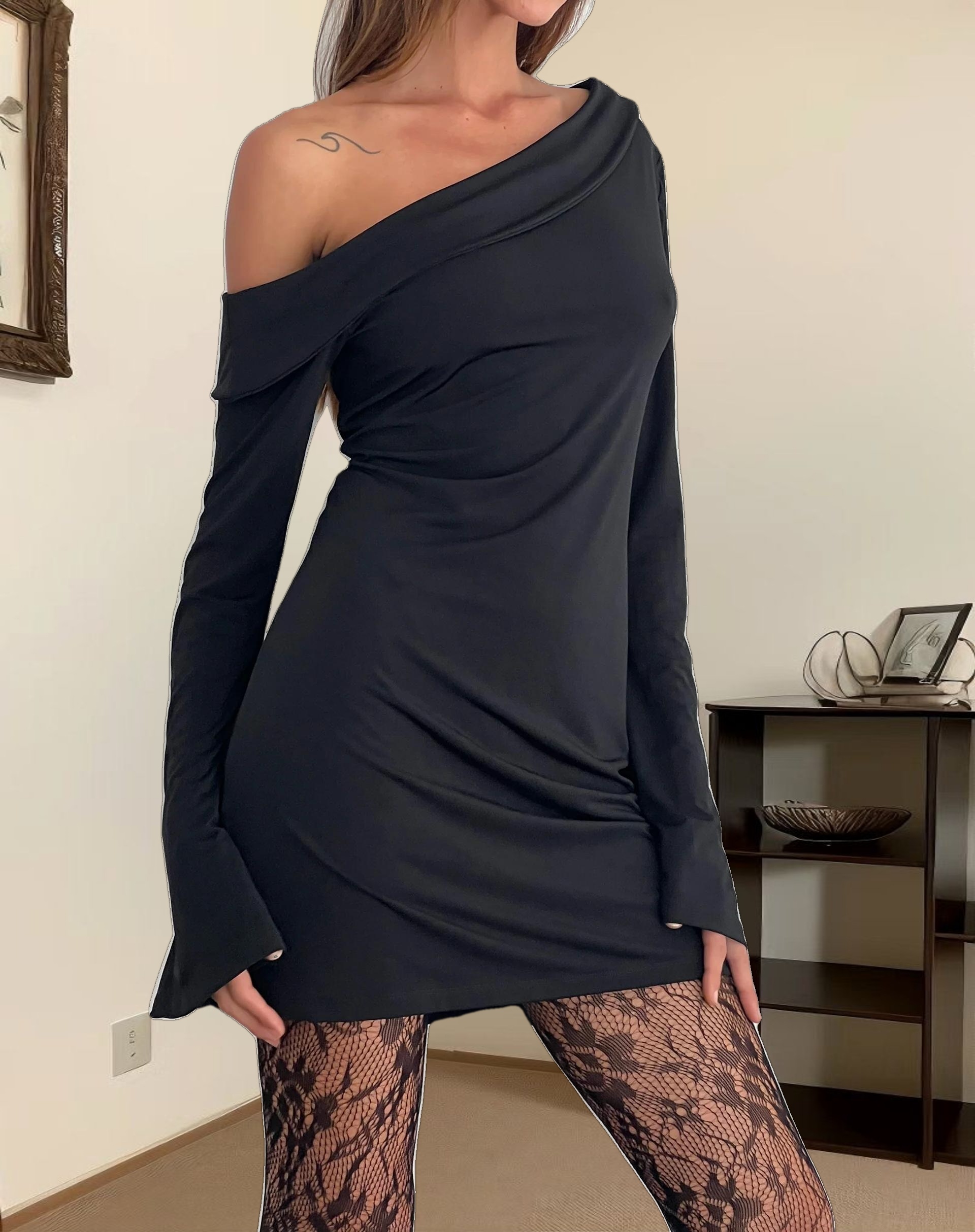 Fliss Asymmetric Mini Dress in Slinky Black